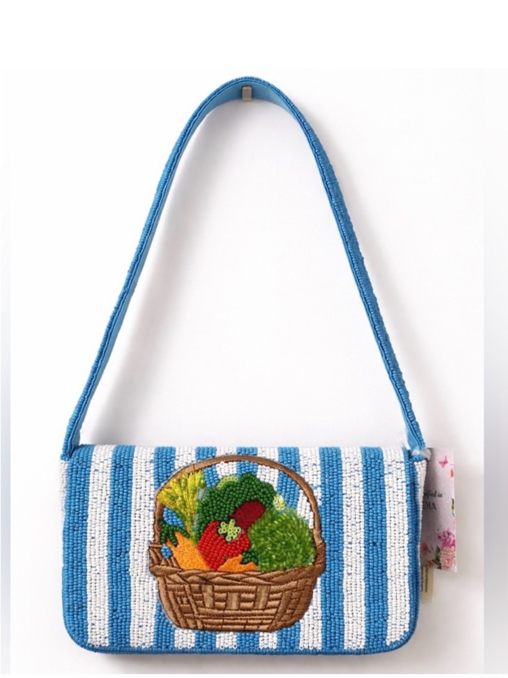 Viral Beaded Fruit Basket Bag Blue Stripe Satin Lined NWT India